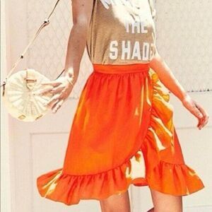 J Crew 100% Linen Faux Wrap Ruffle Skirt Womens 14 Tall Orange A-Line Layered